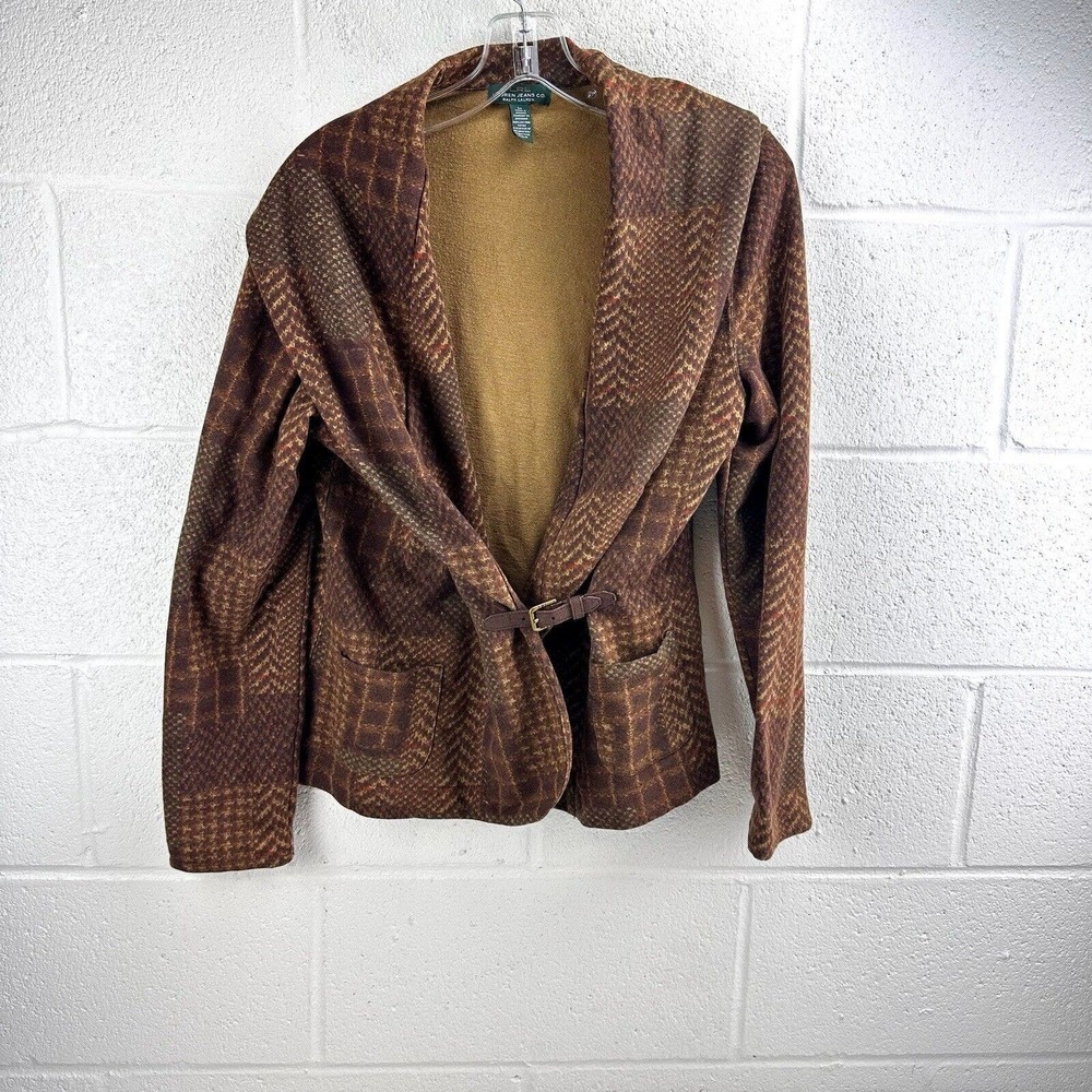 LRL Ralph Lauren Jeans Co. Brown Knit Cardigan Sweater Buckle Side Sz M